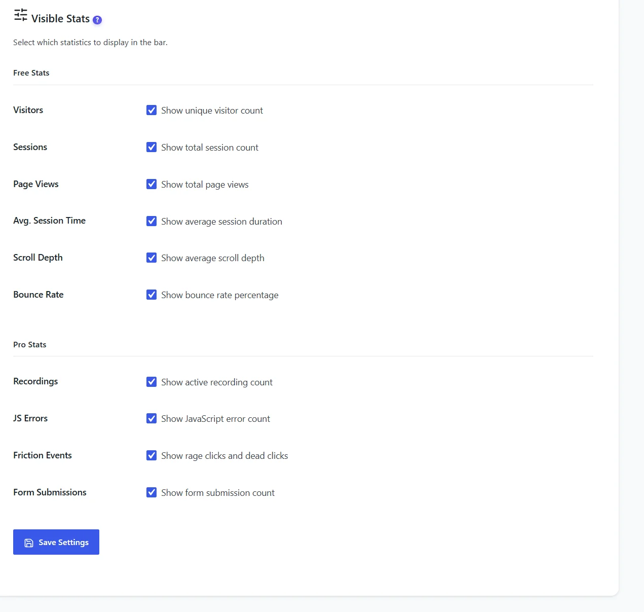 Frontend Stats Bar: enabling and reading it 2 Visible stats: visitors, sessions, page views, average session time, scroll depth, bounce rate, and Pro stats recordings, JavaScript errors, friction events, form submissions