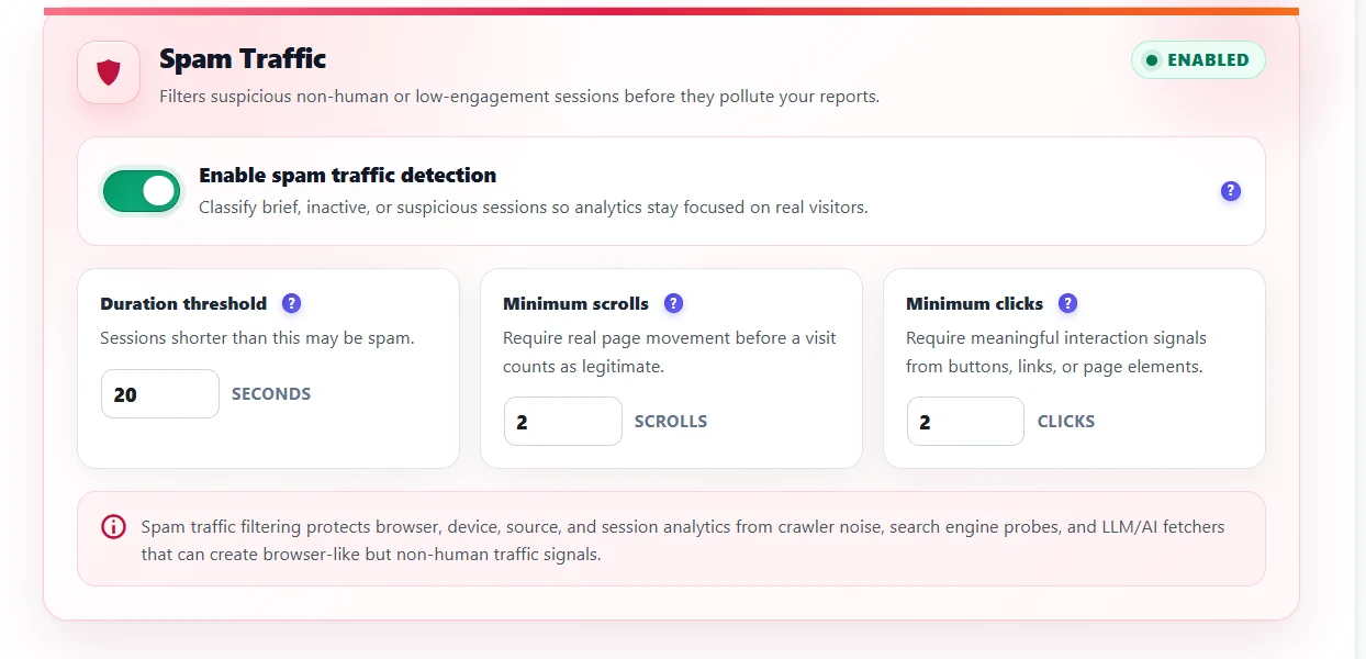 Traffic classification and bot detection 2 Spam Traffic card with Enable spam traffic detection, duration threshold in seconds, minimum scrolls and minimum clicks