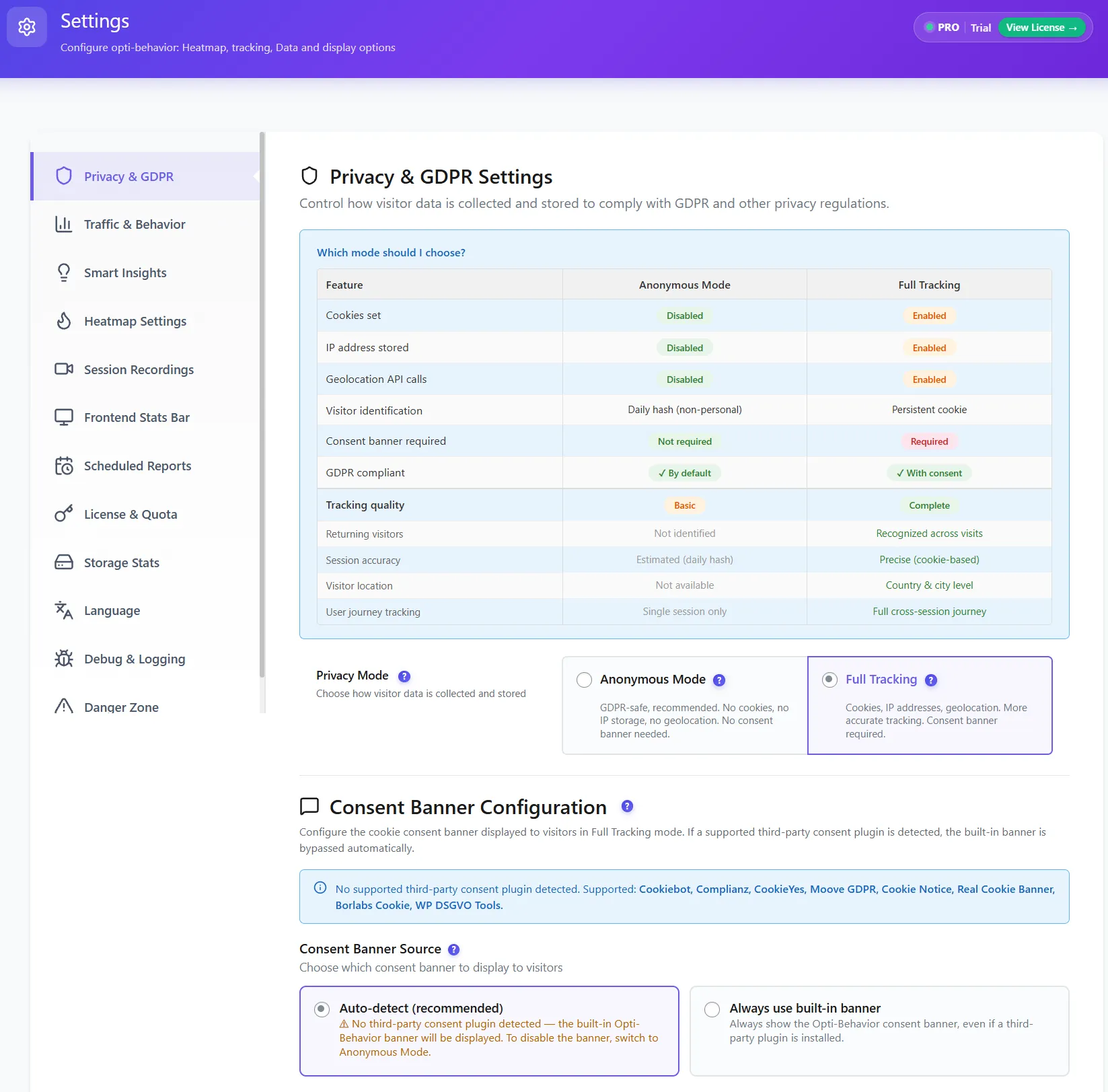 Réglages de confidentialité avec détection des plugins de consentement Réglages de confidentialité avec détection des plugins de consentement
