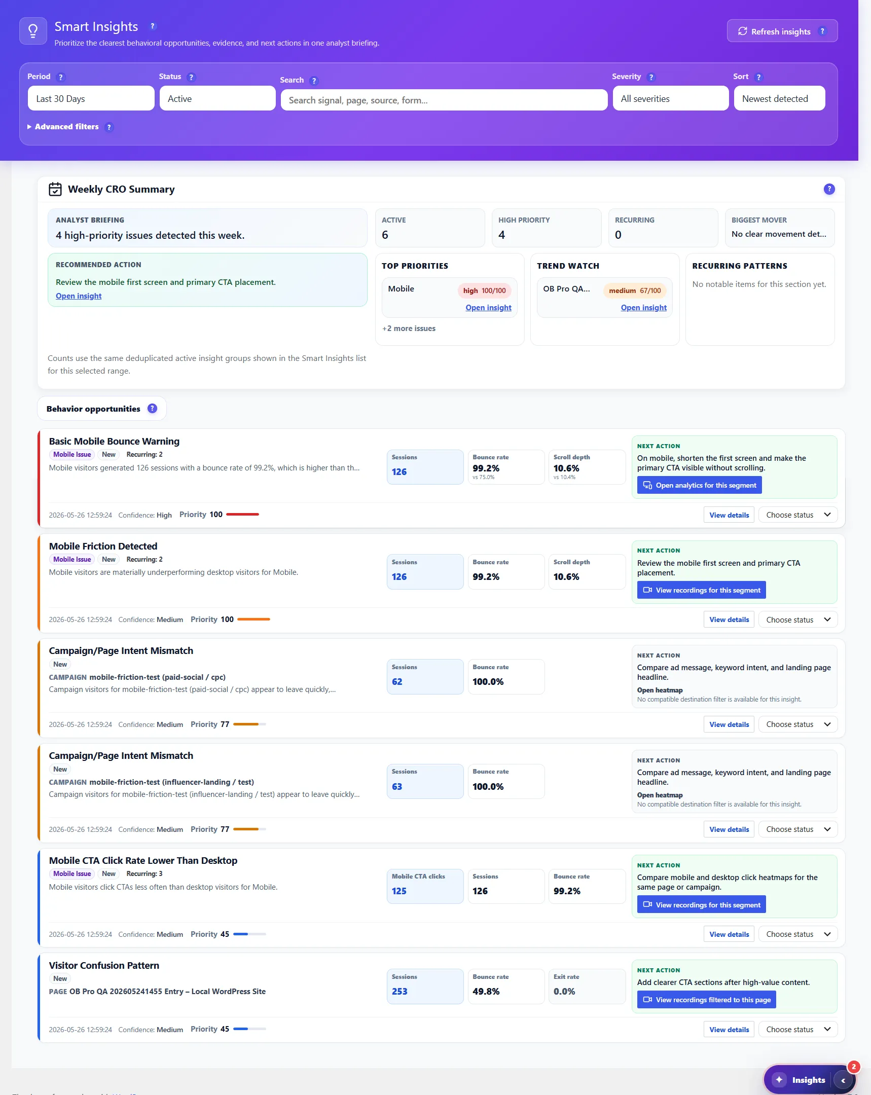 Centre Smart Insights avec résumé hebdomadaire des CRO et opportunités de comportement Centre Smart Insights avec résumé hebdomadaire des CRO et opportunités de comportement