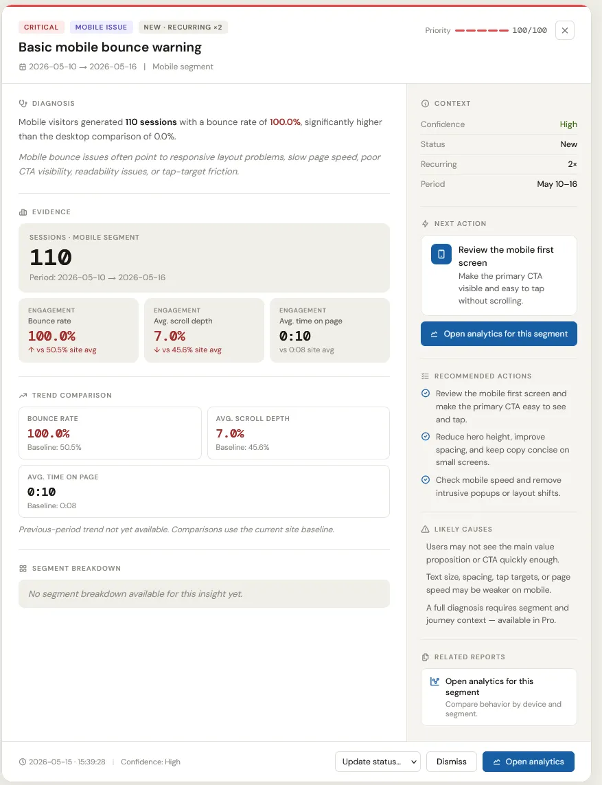 Modal détaillé de Smart Insights avec preuves de diagnostic et actions Modal détaillé de Smart Insights avec preuves de diagnostic et actions
