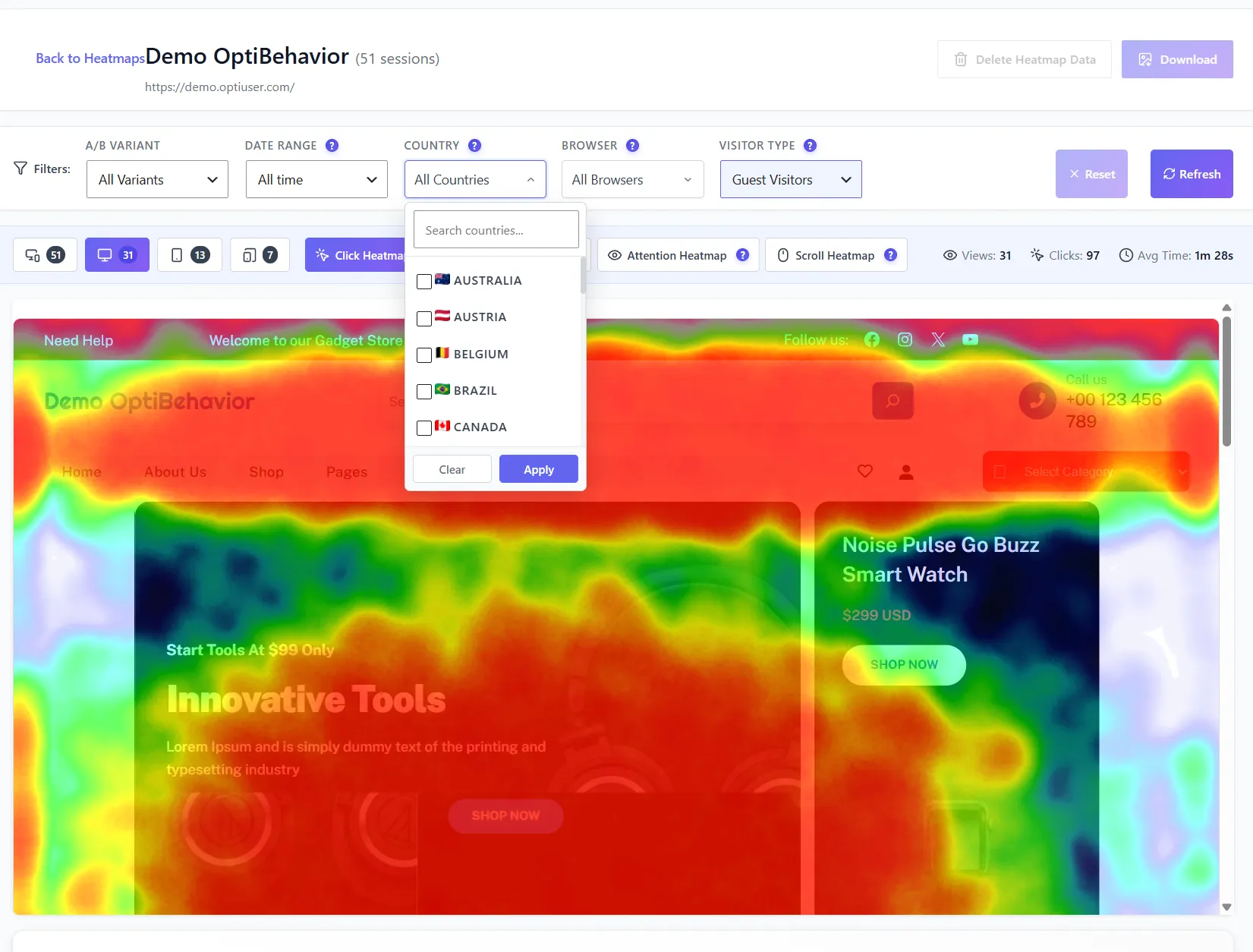 Superposition de la heatmap de clics sur une page du site Superposition de la heatmap de clics sur une page du site