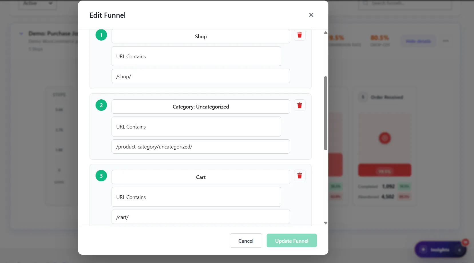 Fenêtre de modification du funnel avec règles de correspondance d'URL par étape Fenêtre de modification du funnel avec règles de correspondance d'URL par étape